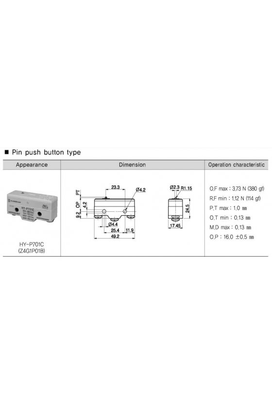 Micro switch básico con pulsador pin 1NA + 1NC  10amp 250vca HY-P701C